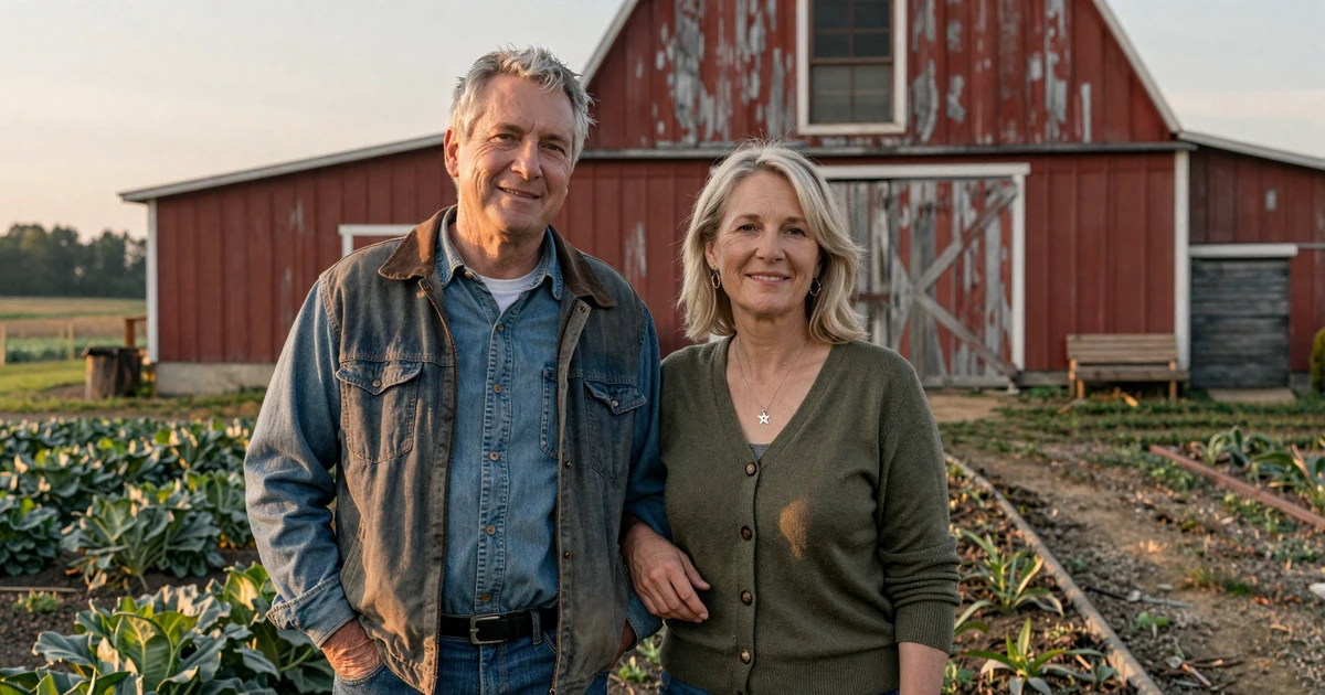 Mature Jewish American farming couple Aaron and Hannah standing at the edge of their vegetable field beside a red barn, representing authentic Jewish farmers dating