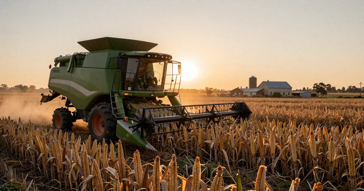 Combine harvester cutting corn at sunset with farmhouse and silos in the distance, illustrating seasonal dating challenges farmers face
