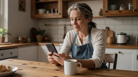 Mature woman reviewing a dating profile on her phone at a farmhouse kitchen table, online dating safety