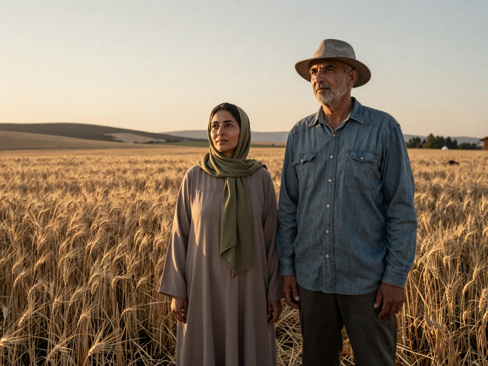 Mature Muslim American farming couple Yusuf and Aisha standing at the edge of a wheat field at sunset, representing respectful Muslim farmers dating