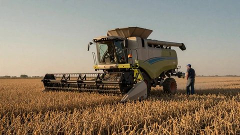 Combine harvester working a soybean field at sunset with a farmer watching, seasonal dating challenges during harvest