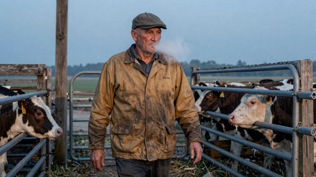 Weathered farmer in canvas jacket walking between calf pens at dawn, showing the daily rhythm of farm chores