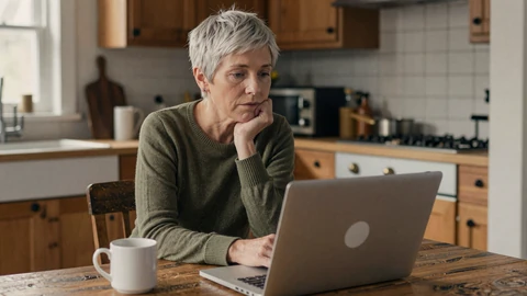 Mature woman writing a dating profile on her laptop at a farmhouse kitchen table, online dating tips for farmers