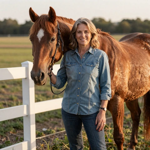 Susan, 57, a hobby farmer from Wichita, Kansas, standing next to a chestnut horse