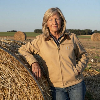 Linda, 66, Nebraska cattle and hay rancher leaning on a round bale near Kearney