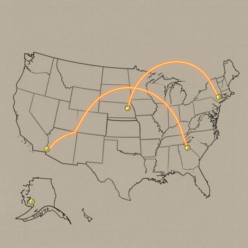 Map illustration showing long-distance farmer dating matches connecting states across the US