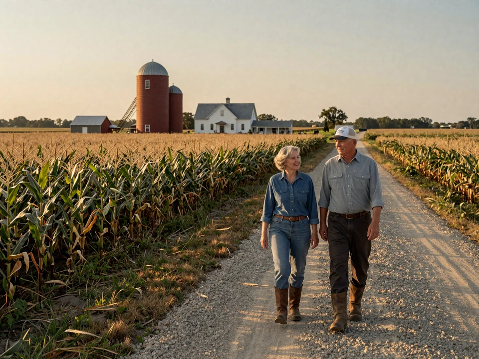 Mature Illinois farmer couple in their early sixties walking a gravel road beside tall corn rows, representing Prairie State rural dating