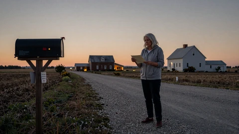 Mature woman standing by a rural mailbox at dusk, representing long-distance rural relationships