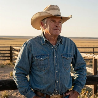 Carl, 64, Nebraska Sandhills rancher in a straw hat standing by a wooden corral