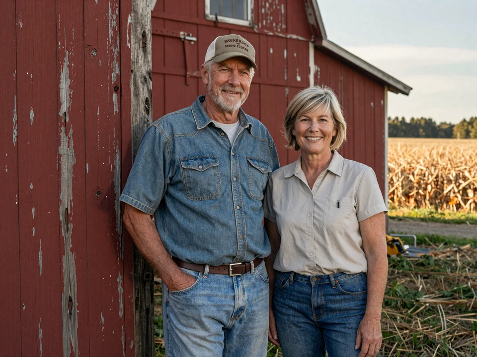 Mature Indiana farming couple standing beside a red Hoosier barn with cornfields in the background, representing Indiana farmers dating