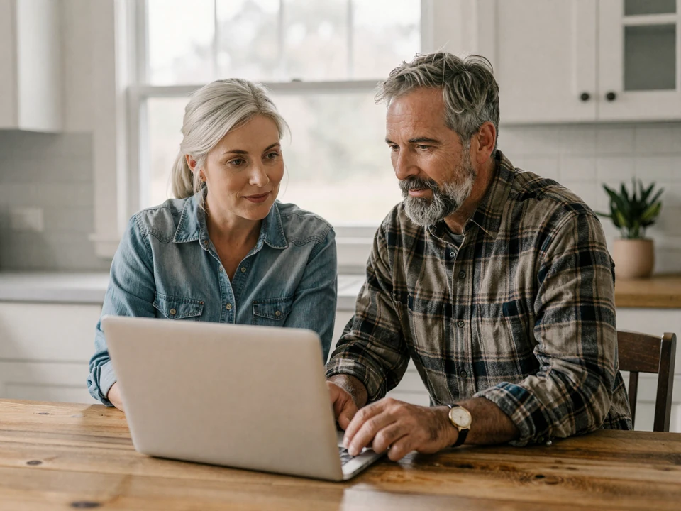 Mature rural couple reviewing online dating safety tips together at a farmhouse kitchen table