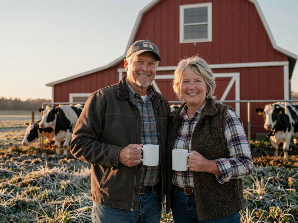 Mature Minnesota farmer couple in their sixties outside a red dairy barn at sunrise, representing North Star State rural dating