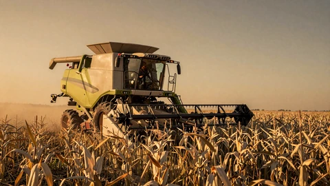 Combine harvester in a golden cornfield at sunset, seasonal farming calendar