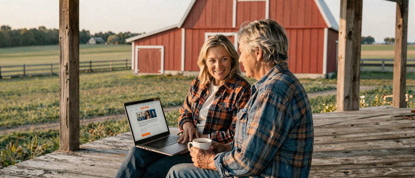 Mature rural couple on a farmhouse porch comparing farmer dating websites on a laptop, illustrating FarmersOnly reviews and niche alternatives