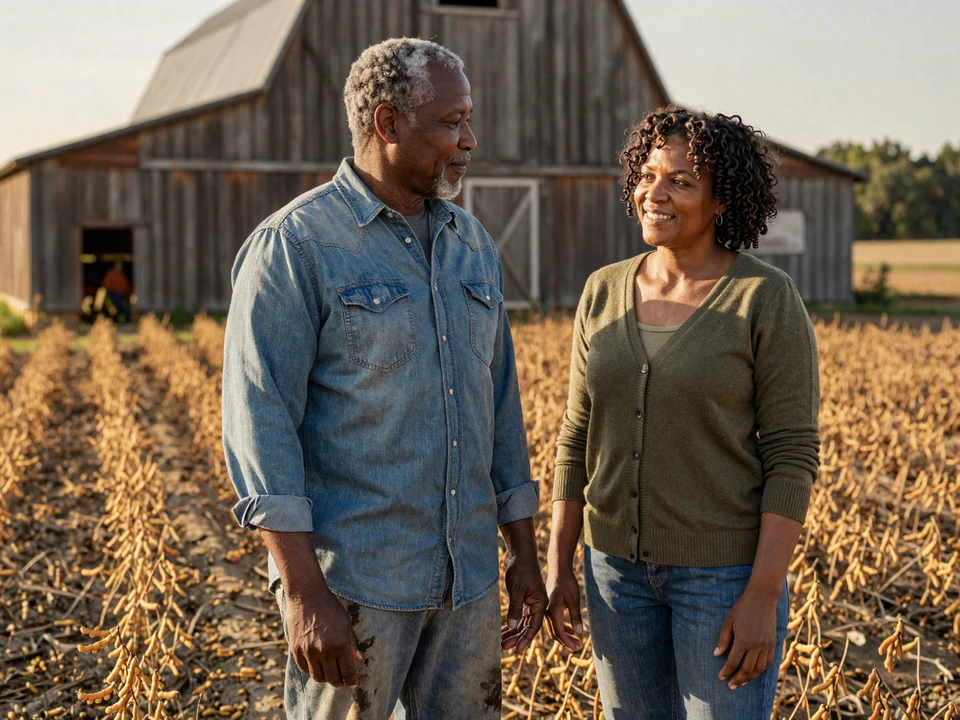 Mature Black farming couple Marcus and Ruth standing together in a soybean field at golden hour, reflecting authentic rural Black farmers dating