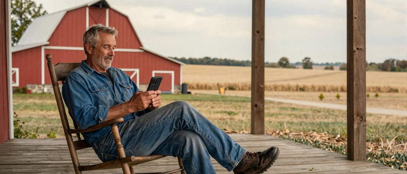 Mature farmer sitting on a farmhouse porch with a smartphone, illustrating online dating tips for farmers