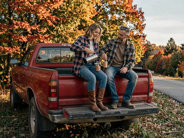 Mature couple sitting on tailgate of a red pickup truck at a country ridge overlook pouring coffee, scenic drive rural date idea