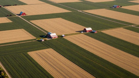 Aerial view of patchwork farmland across the American Midwest