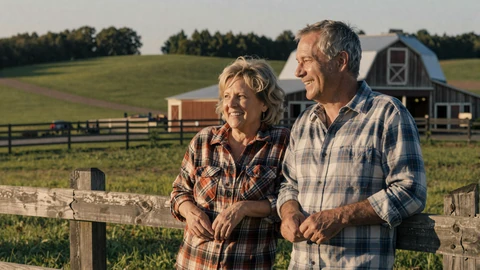 Mature rural couple at a wooden fence with barn behind, SeniorDatingSenior homepage