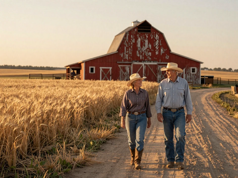 Mature Kansas farming couple walking through a golden wheat field at sunset near a weathered red barn, representing Kansas farmers dating