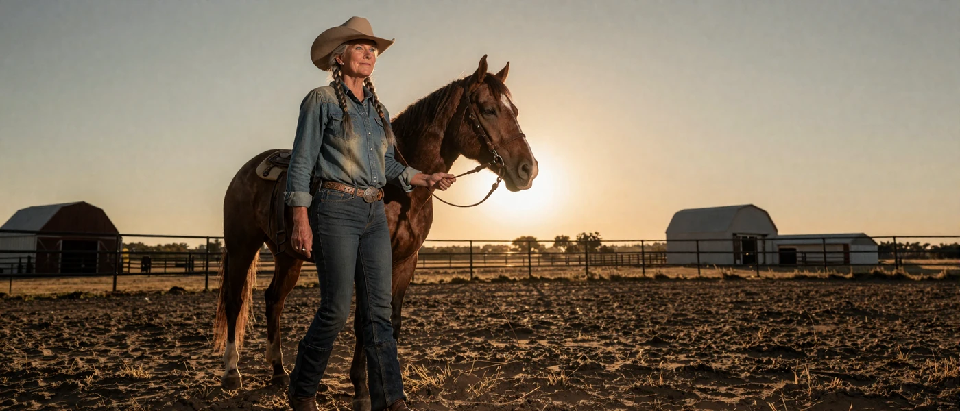 Cowgirl leading a horse at golden hour on a ranch, illustrating serious cowboy dating site and country singles lifestyle