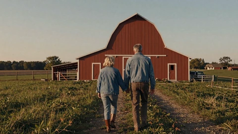 Mature rural couple walking toward a red barn at sunset, SeniorDatingSenior farmer dating site home page