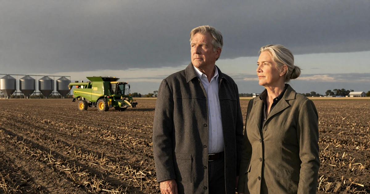 Established agribusiness couple Robert and Eleanor standing at the edge of their row-crop operation at golden hour, representing millionaire farmers dating