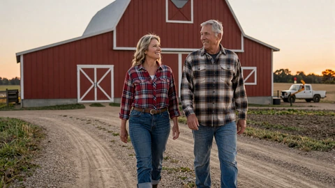 Mature farmer couple walking a dirt road at sunset with a red barn behind them