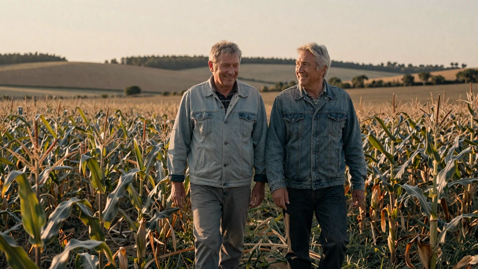 Mature farmer couple walking together through a corn field at golden hour - featured article on how to date a farmer