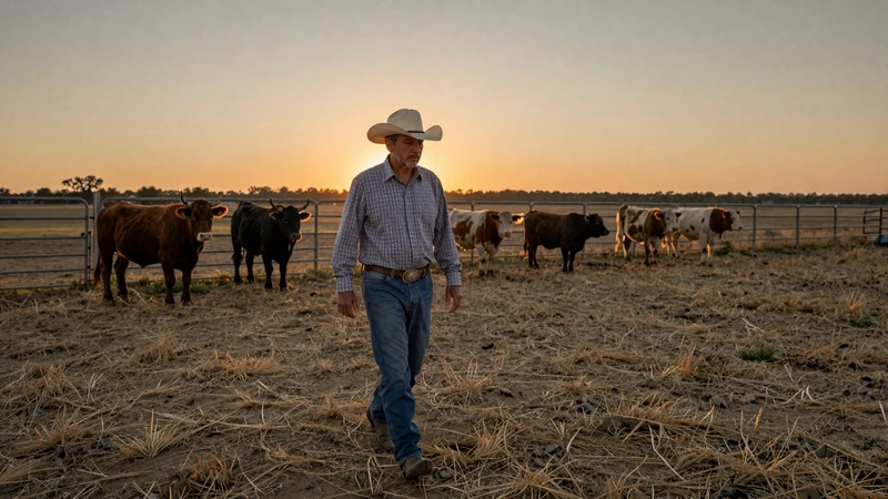 Mature Texas cowboy near cattle at sunset, Texas farmers dating and ranch country relationships
