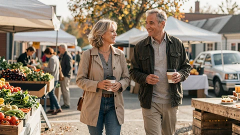 Mature couple walking through a small-town farmers market with coffee, rural date ideas