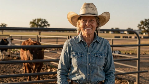 Mature cowgirl at a ranch corral at golden hour, country farmers dating community