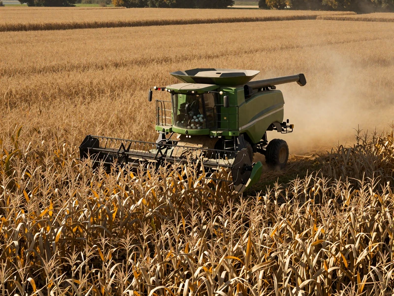 Golden cornfield at harvest with combine and dust in the afternoon light, illustrating seasonal farm demands